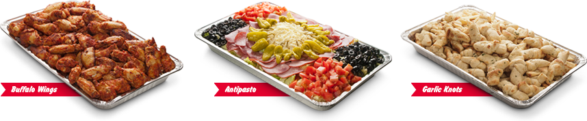 Wings Party Tray, Antipasto Salad Party Tray, Garlic Knot Party Tray